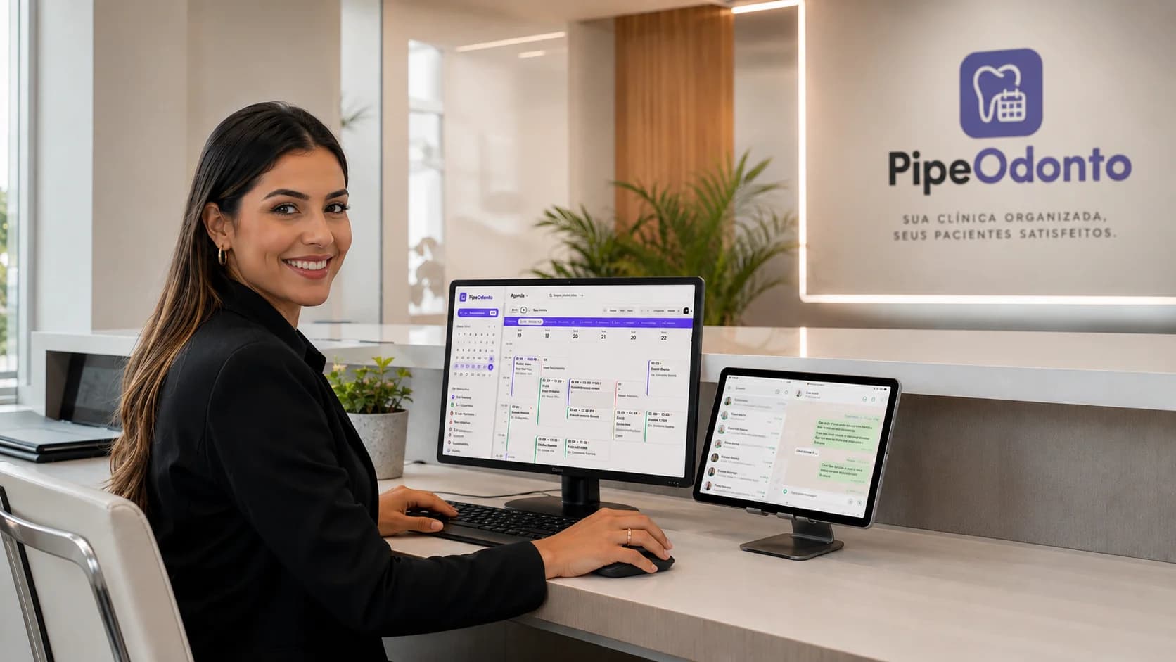 Recepcionista usando o PipeOdonto na clínica